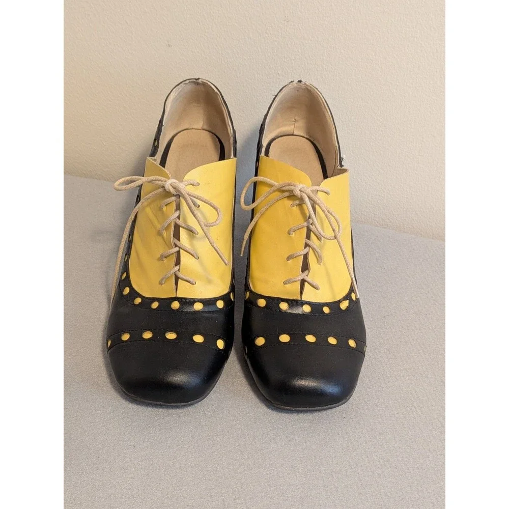 Vintage Style Black Yellow Oxford Brogue Pumps Artsy Spectator Heels EU 43